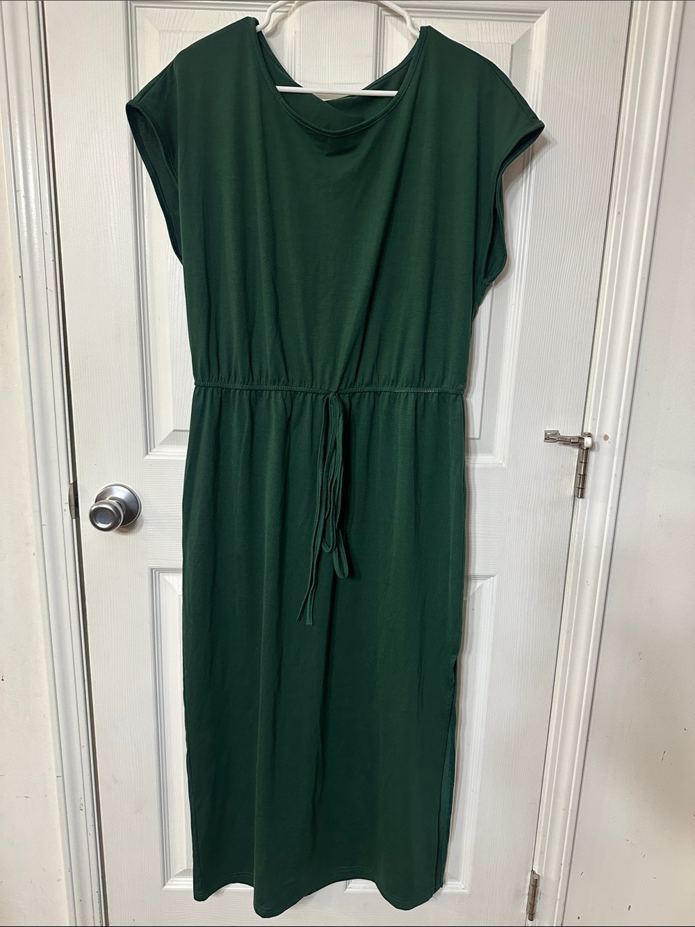 Women's Emerald Green Midi Dress with Drawstring Waist